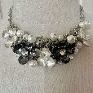 Silver  tone faux pearl flower cluster necklace